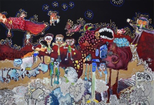 dreamland-virton-outsiderart-narrativepainting-humanfigure-hybridscreatures-primitivism-self-taught