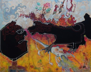 duo-92x73cm-virton-outsiderart-narrativepainting-humanfigure-hybridscreatures-primitivism-self-taught