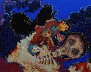 farandole-92x73cm-virton-outsiderart-narrativepainting-humanfigure-hybridscreatures-self-taught-primitivism