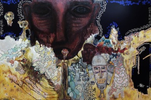 laporte-175x115cm-virton-outsiderart-narrativepainting-humanfigure-hybridscreatures-self-taught-primitivism